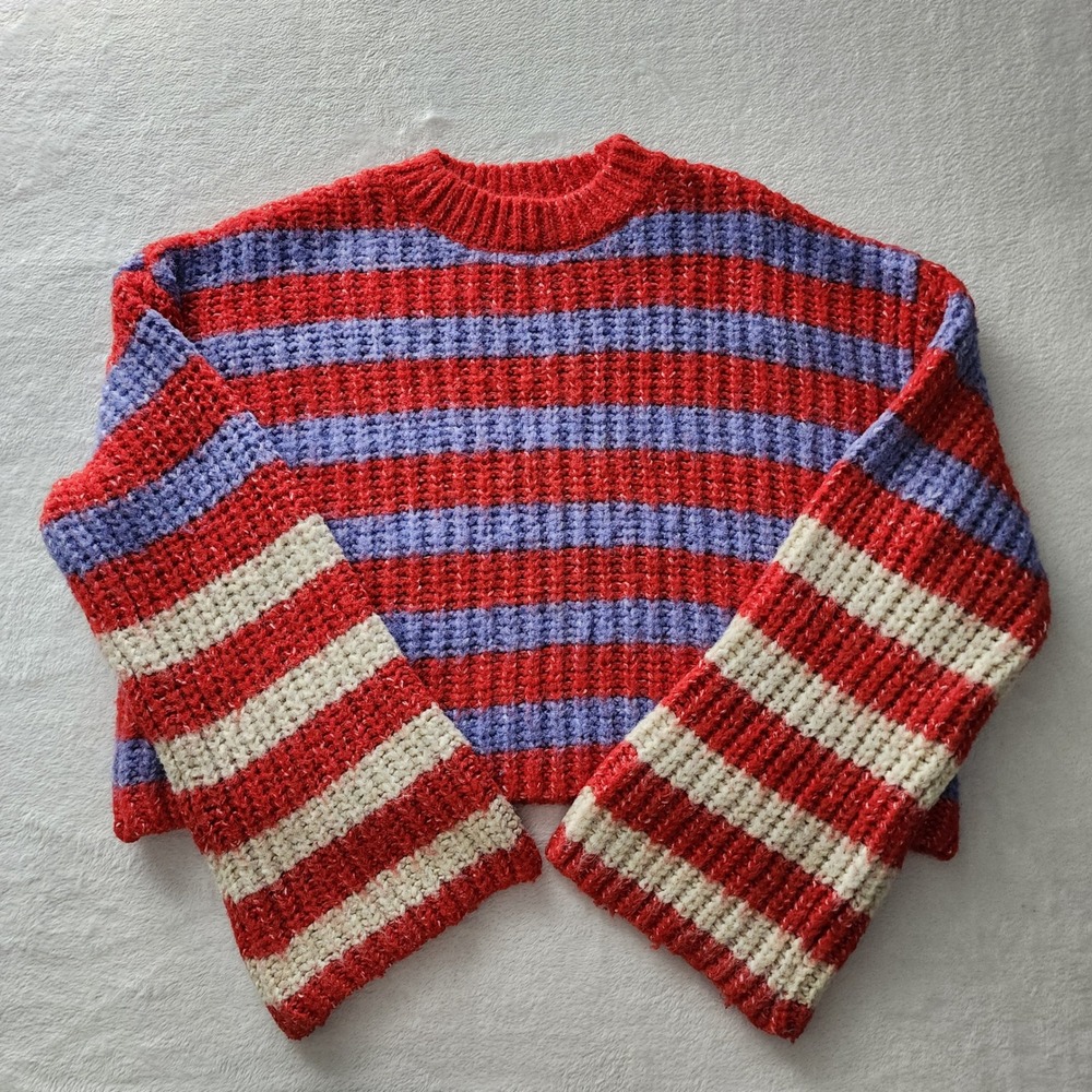 Striped Chunky Knit Sweater Womens Medium Red Purple Cropped Grunge Wool Blend - Picture 4 of 11